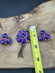 Vtg RARE EDLEE Czech Style Glass Tassel Statement Pendant & Clip-on Earrings