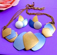 VTG RUNWAY DECO MONET “ALL THAT JAZZ” METALLIC BLUE GP NECKLACE EARRINGS ’85