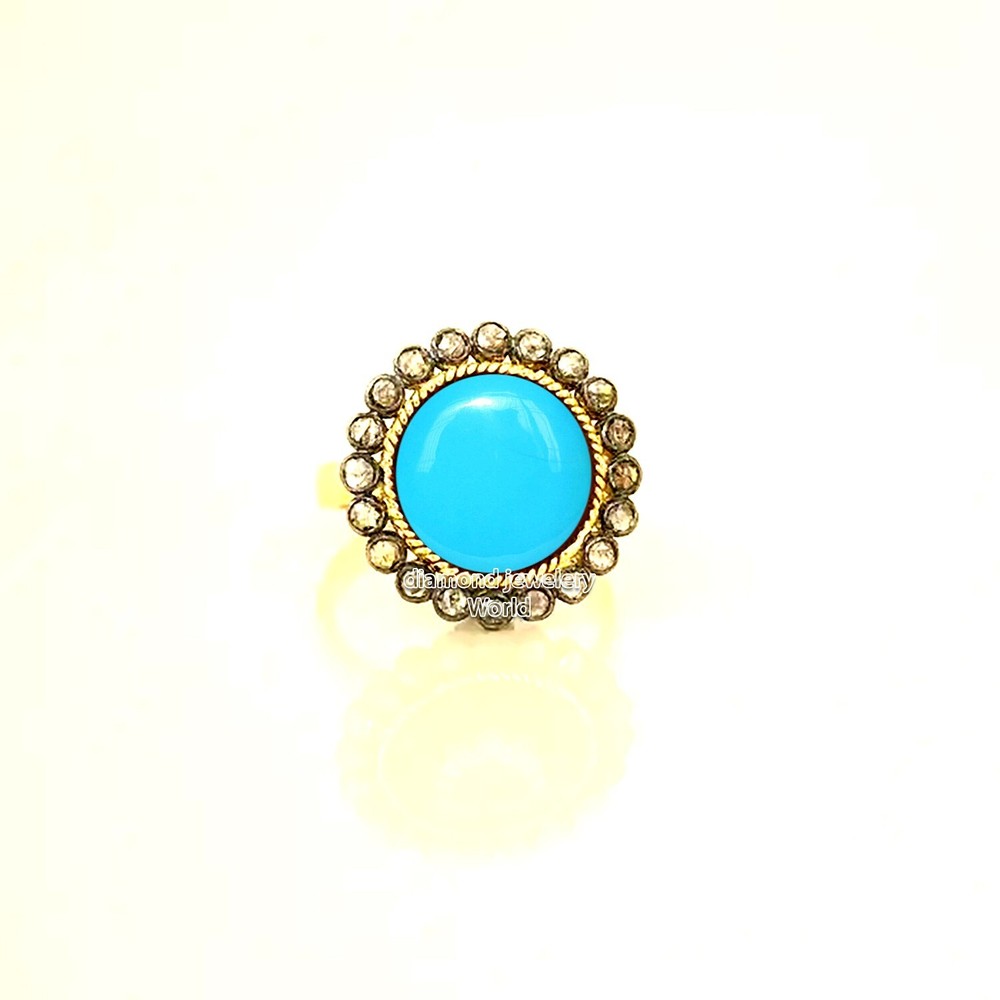 Amazing 1.08ctw Rose Cut Diamond Turquoise Studded Silver Victorian Ring Jewelry