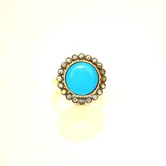 Amazing 1.08ctw Rose Cut Diamond Turquoise Studded Silver Victorian Ring Jewelry