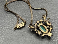 Vintage Victorian Revival Birds Green Cab Faux Pearl Rhinestone Pendant Necklace