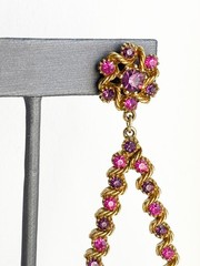 Vintage ART Clip-on Dangle Triangle Earrings, Pink & Purple Stones, 3.5-inches