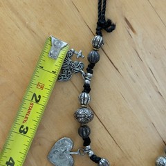 Vintage Signed MARCIE Beaded Pewter 3 Angels Cord Necklace Faith, Hope & Charity