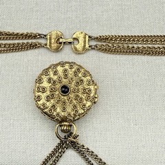 Vintage Goldette Trinket Locket Multi Strand Chain 30-42″ Blue Red Scrollwork
