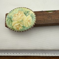 Vintage Hand Painted Floral Porcelain Brooch and Clip On Earrings Set 3 Piece