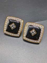 Vintage Good Quality Black Enamel and Rhinestones Gold-Tone Clip On Earrings