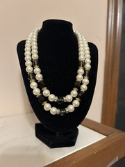 Lot of 2 Vintage Necklaces~Black & White Faux Pearl, Glass, Rhinestones, Plastic