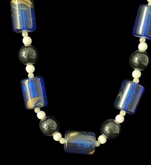 Vintage Swirled Barrel Bead Necklace Cobalt Blue Gold Swirl