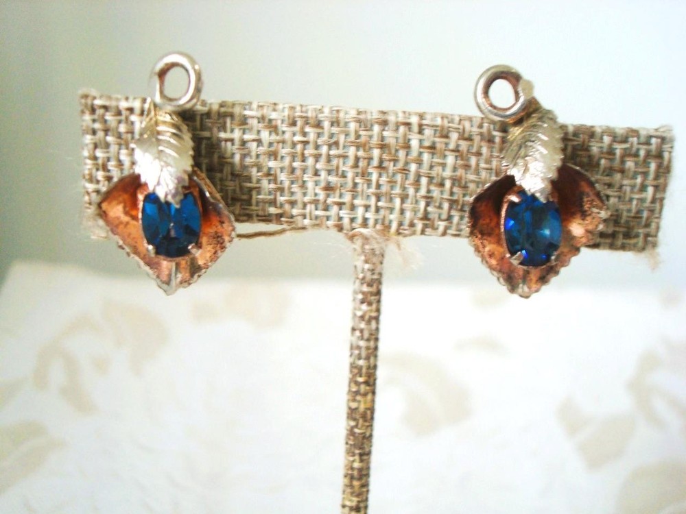 Vintage Sterling Silver Leaf Hinged Clip Earrings Gold Wash Blue Rhinestones KJ