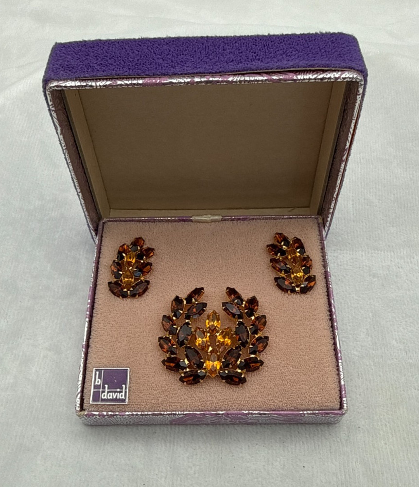 Vtg B David Smoke & Topaz Rhinestone Brooch Earrings Set Marquise Leaf Gold Tone
