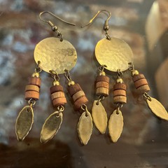 Vintage Dangle Drop Earrings Metal & Wood Beads Feather Boho Gold And Brown