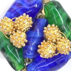 Elegant Vintage Les Bernard Clip On Earrings Blue & Green Glass Golden Ornament