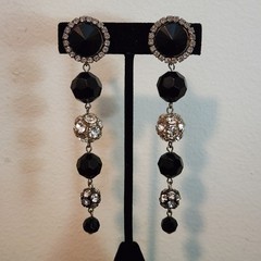 Vintage Signed Les Bernard Rhinestone & Faceted Black Dangle Ball Earrings 4″