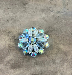 Vintage Blue Rhinestone Brooch Flower and Leaves Blue Floral
