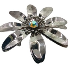 Vintage Enamel Flower Brooch Pin Aurora Borealis Ctr Silver Tone Lg 2 1/2 in D