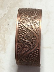 Art Nouveau Style Vintage Solid Copper Cuff Bracelet With Grapes & Leaves Design