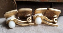 Vintage Costume jewelry clip on earrings 1980s 1990s Gold Tone W/ Orange Enamel