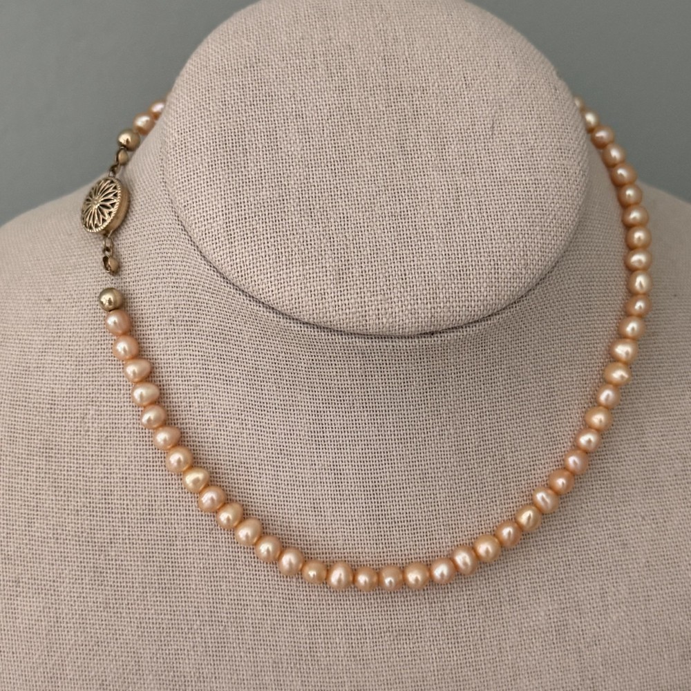 Vintage Yellow Gold Filled Genuine Real Pearl Peach 5.5MM Strand Necklace 14.5″