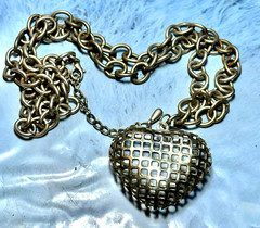 Vintage Gold Tone Caged Hollow Heart Pendant Necklace, 29.5″