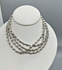 Metallic Oval Textured Beaded Necklace Vintage Silver Tone Opera 54 in