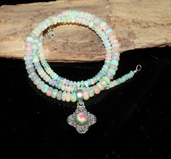 Natural Ethiopian fire opal beaded necklace with sterling silver opal pendant