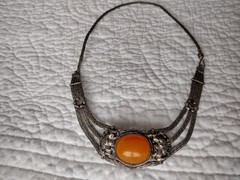 Vintage Antique Tibetan Silver Mesh Orange Beeswax Amber Necklace Jewlery