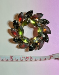 Vintage Rhinestone Brooch Frosted Shaded Rhinestone Green Red Olive 2”