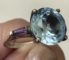 Vintage KL 925 Sterling Silver Big Sky Blue Topaz Amethyst Baguettes Ring Sz6.75