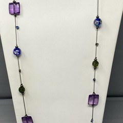 Glass Bead Station Necklace Blue Flower Lampwork Purple Acrylic Black Tone 36″