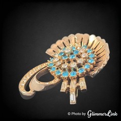 Vintage Anthony Aqua Blue & Clear Rhinestone Fan Spray Gold Tone Brooch