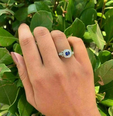 Art Deco Style Round Sapphire & Lab Created Diamond 14K Gold FN Anniversary Ring