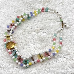 Vintage Pastel Beaded Necklace Layered Plastic Flowers 2 Strand
