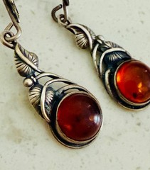Vintage Sterling Silver Cognac Amber Cabochon Drop Earrings | Ornate Leaf Vine D