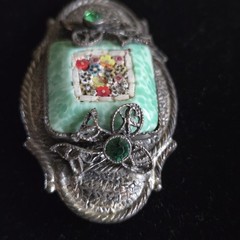 Antique Silver Tone Millefiori Micromosaic Brooch Pin Green Rhinestones Art Deco