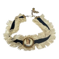 Vintage 1950s Victorian Revival Lace Ribbon Portrait Choker Necklace Unsigned