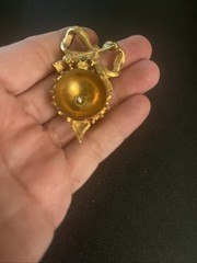 Art Brand Brooch Enamel Ribbon Bow With Christmas Ball Gold Tone