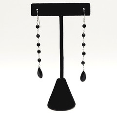 Black Onyx Bead Shoulder Duster Long Linear Silver Tone Pierced Hook Earrings