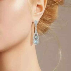 Art Deco Style Lab Created Diamond Aquamarine Drop Earring 14k White Gold Finish