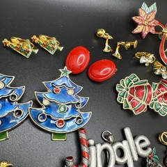 Vintage Christmas Jewelry Lot Trees Bells Santa Earrings Brooch Craft Wear