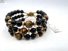 Vintage Black Brown Tigers Eye Stone Gemstone Bead Wide Bracelet RO-DO NOS Saks