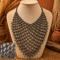 Huge VTG Silver Tone Chain Mail Bib Necklace Boho Tribal Statement Festival Vibe