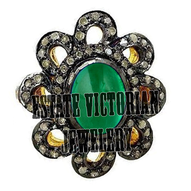 Victorian 1.35Ctw Rose Cut Diamond Emerald Studded Silver Gorgeous Ring Jewelry