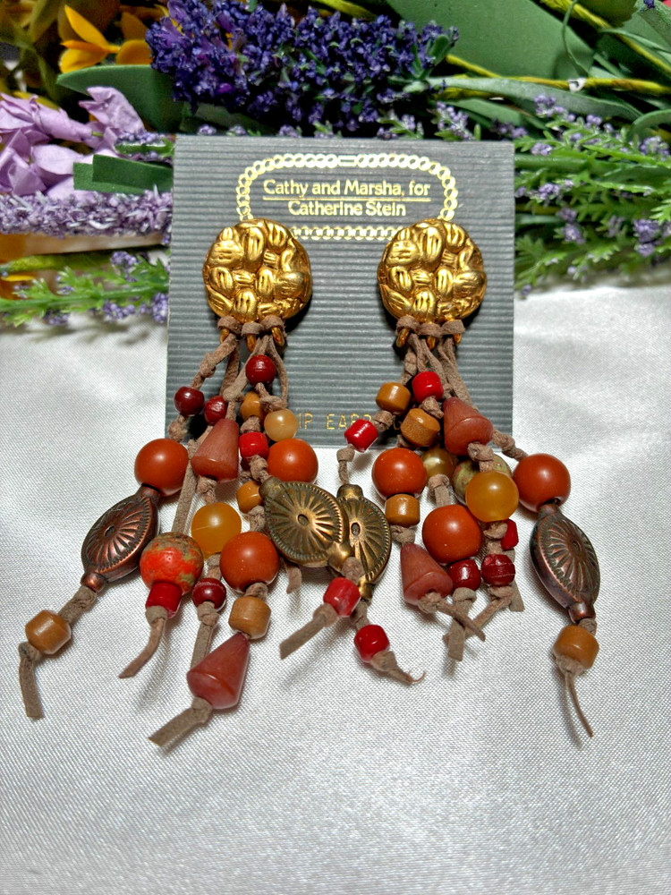 Vintage Catherine Stein Semiprecious Stone Beaded Leather Clip Back Earrings