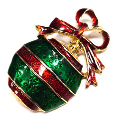 Estate Gold Tone Christmas Ornament & Red Ribbon Enamel Holiday Pin / Brooch