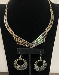 Vintage Alpaca Mex. Abalone Shell Necklace & Earring Set