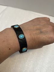 Vintage Juicy Couture Black Faux Leather Band Bracelet Blue Stones Brass 7”