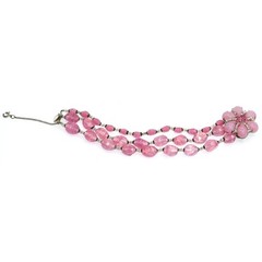 Vintage Signed Miriam Haskell Pink Art Glass 3 Strand Floral Bracelet