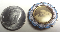 c1890 MOURNING PIN – BABY BOY CELLULOID PHOTO – CHAMPLEVE ENAMELED FRAME