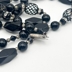 Vintage Black Glass Beaded 30″ Long Necklace Sterling Silver Box Clasp