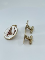 Mr Tara River boat cufflinks and tie clip set red gold white enamel 1″